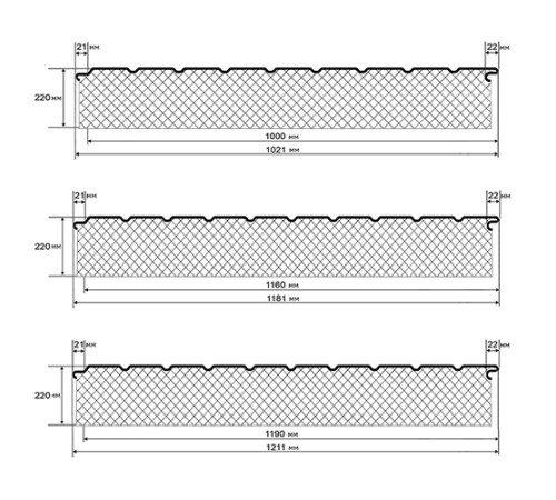Сэндвич-панели двухслойные с пенополиизоциануратом, ширина 1000 мм, толщина 220 мм, 0.5, RAL6005