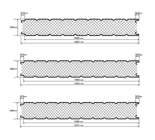 Сэндвич-панель для холодильных камер с пенополиуретаном, ширина 1000 мм, толщина 160 мм, 0.5/0.5, RAL6002